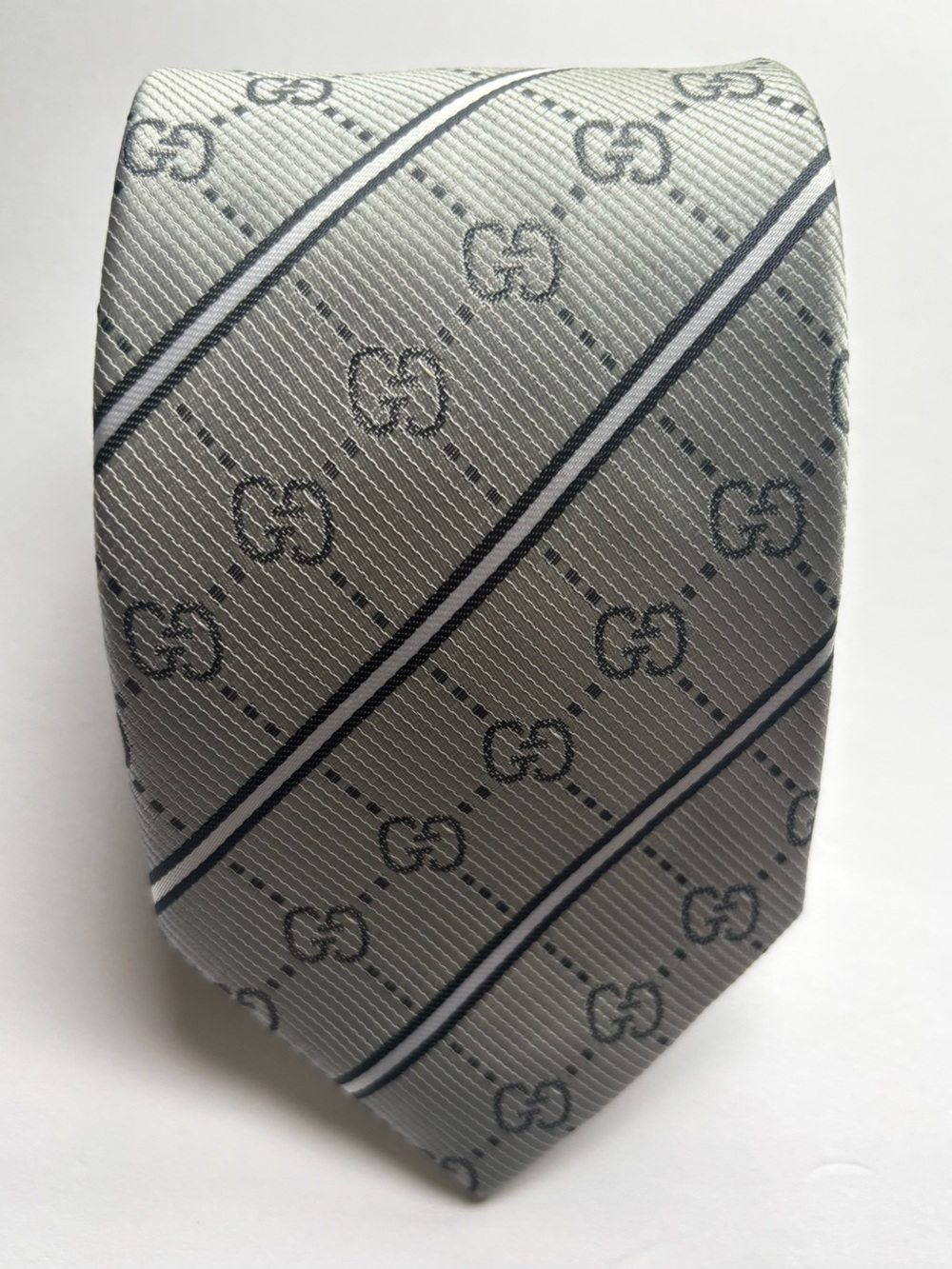 Gucci Silk Silver GG Pattern Double G Web Stripe